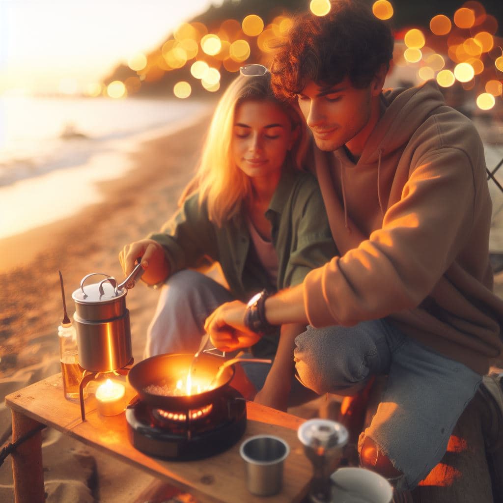 Pareja jóven cocinando con un hornillo camping gas