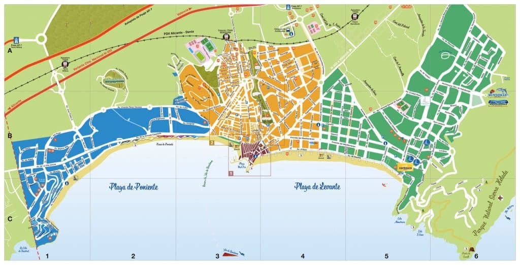Plano turístico de benidorm que se repartía en tourist info y ferias