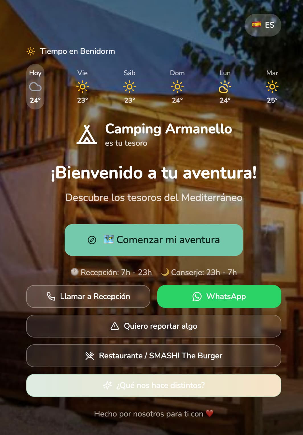Pantalla de bienvenida de Armanello Experience Creator, con el tiempo en Benidorm y accesos directos para huéspedes