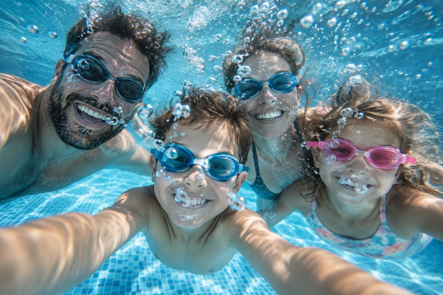 Une famille souriante sous l'eau dans la piscine d'Armanello