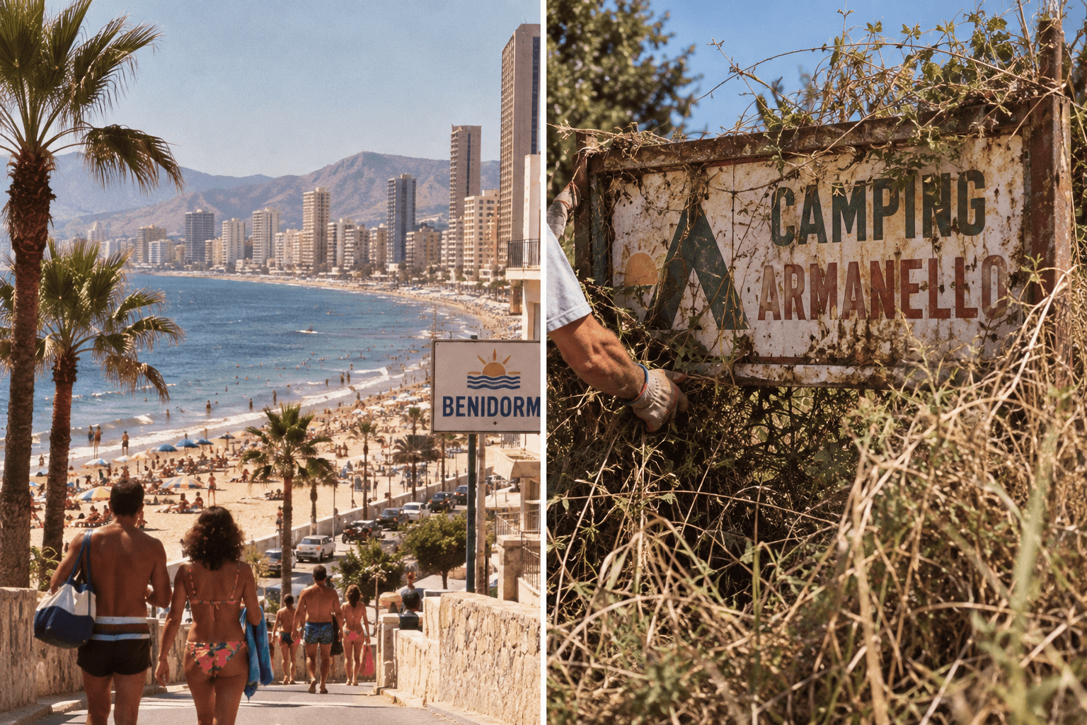 Playa de Benidorm con el skyline al fondo, y el cartel oxidado de Camping Armanello entre la maleza