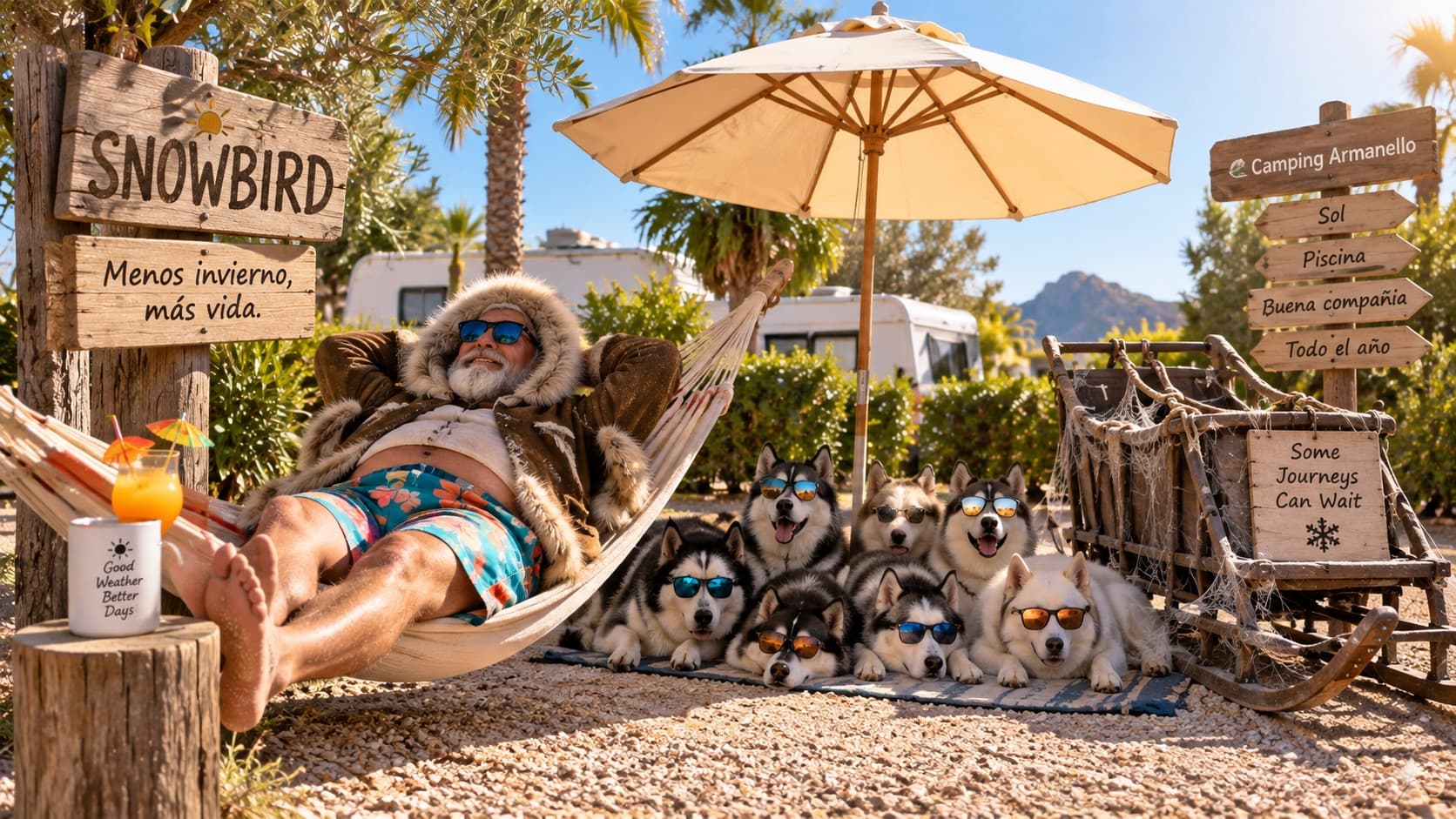 Un snowbird en manteau de fourrure et maillot de bain allongé dans un hamac sous un parasol, entouré de huskies avec des lunettes de soleil, sur un emplacement du Camping Armanello avec des palmiers et des caravanes. Un panneau dit : Menos invierno, más vida (Moins d'hiver, plus de vie).