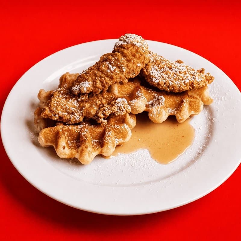 Chicken & waffles con sirope en The Brunch Box