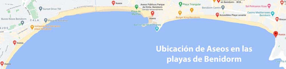 Carte des emplacements des toilettes publiques sur les plages de benidorm (alicante)