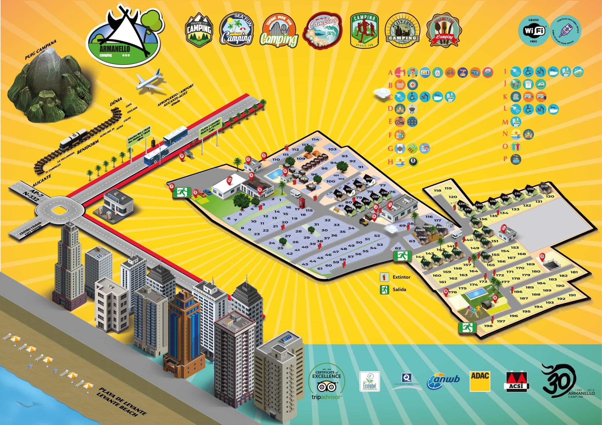 Map of Camping Armanello showing pitches, bungalows, pools and services