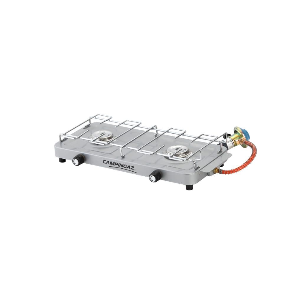 Hornillo de gas dos fuegos 1600w con goma y reductor de presion campingaz 100s