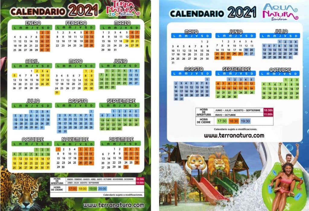 Horario y calendario de aqua natura 2021