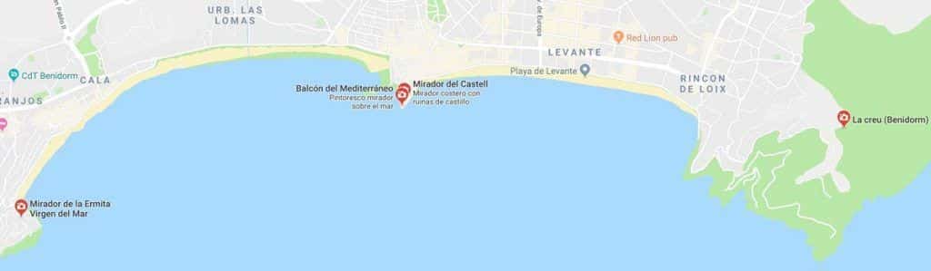 Mirador Del Castell Und Andere Aussichtspunkte In Benidorm Karte der 4 aussichtspunkte von benidorm