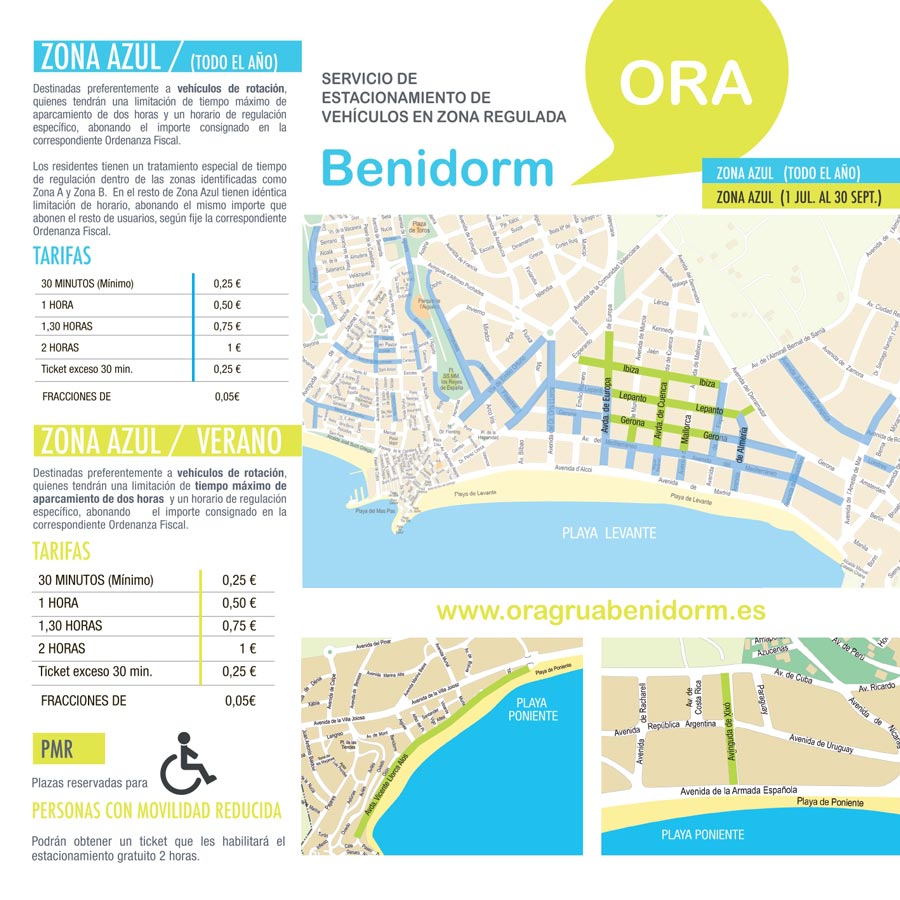 Carte des zones bleues à benidorm, en hiver et en été