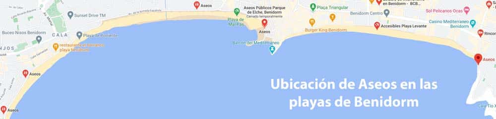Mappa dell'ubicazione dei bagni pubblici sulle spiagge di benidorm (alicante)