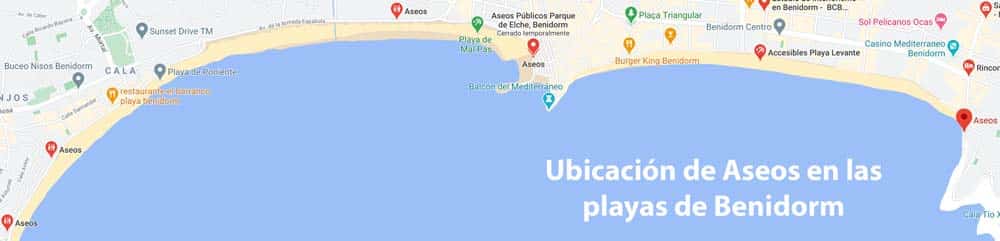 mapa de la ubicación de aseos públicos en las playas de Benidorm (Alicante)