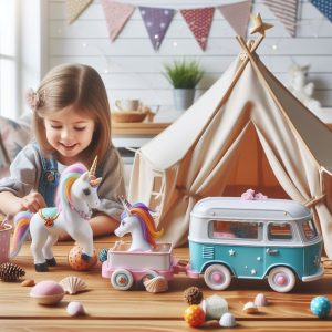 Niña jugando con una caravana de juguete