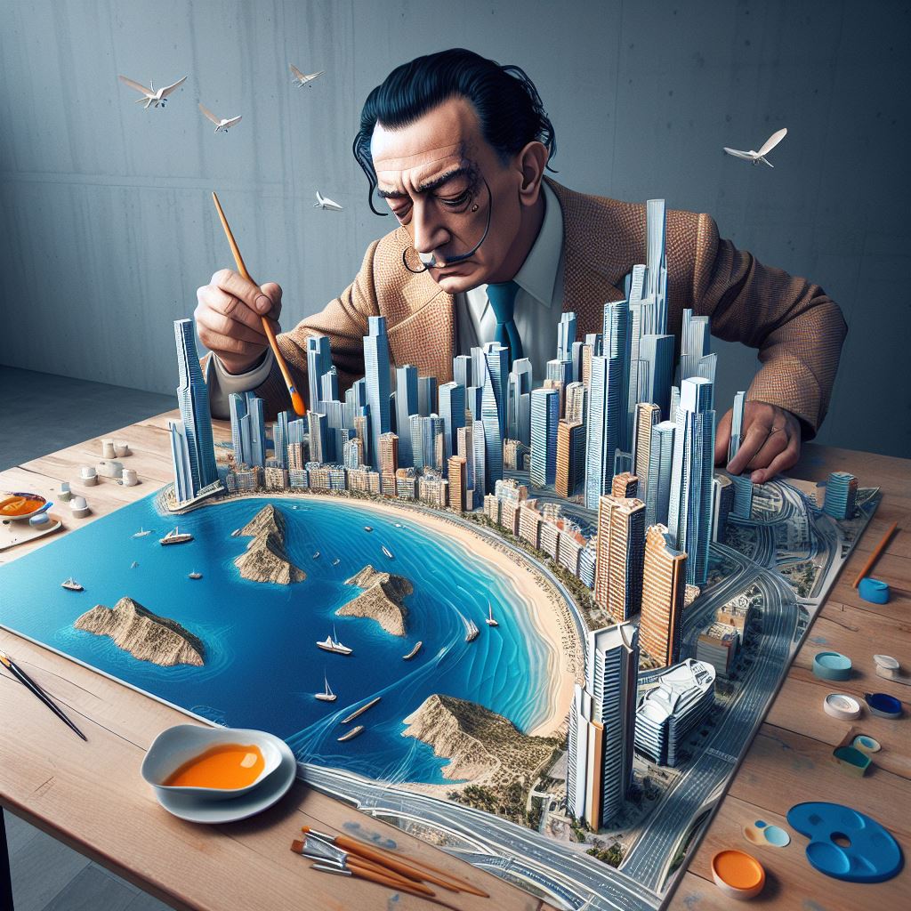 Salvador dali painting an abstract map of benidorm